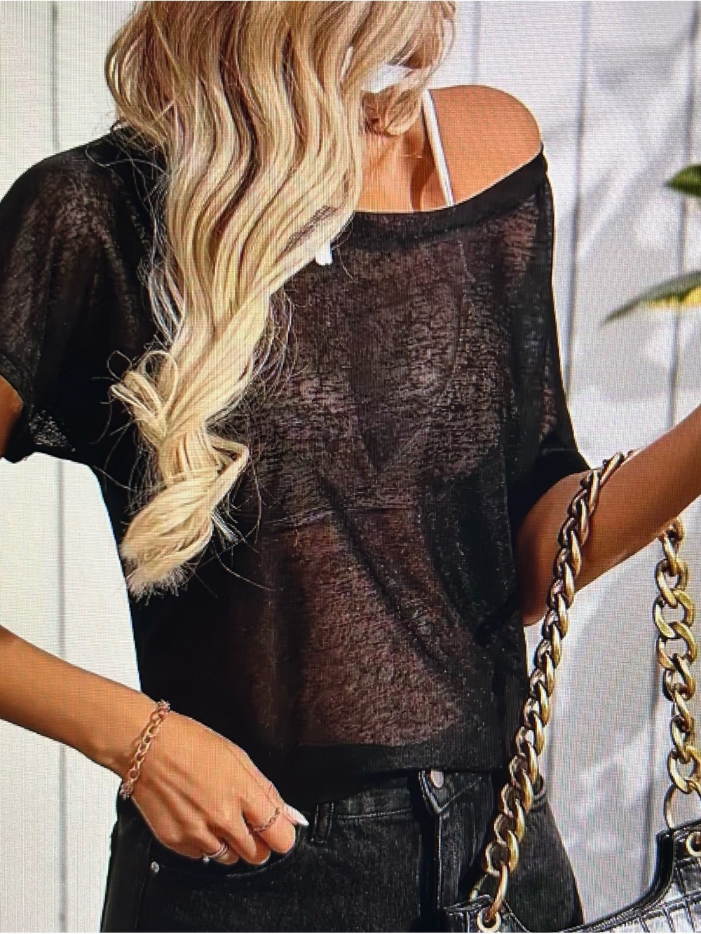Sheer, black knit, wide crewneck short sleeve top, size L - NEW